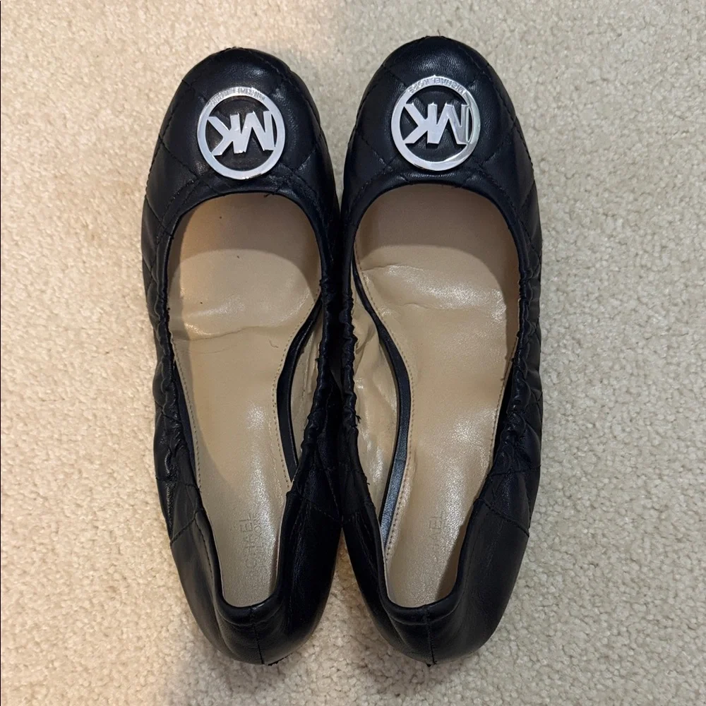 Michael Kors Black Quilted Leather Logo Ballet Flats with Silver Emblem
